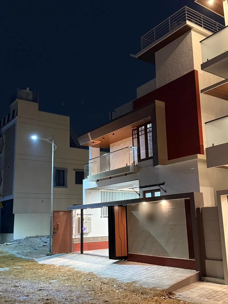 Front elevation at night, Residential project, Chandapura