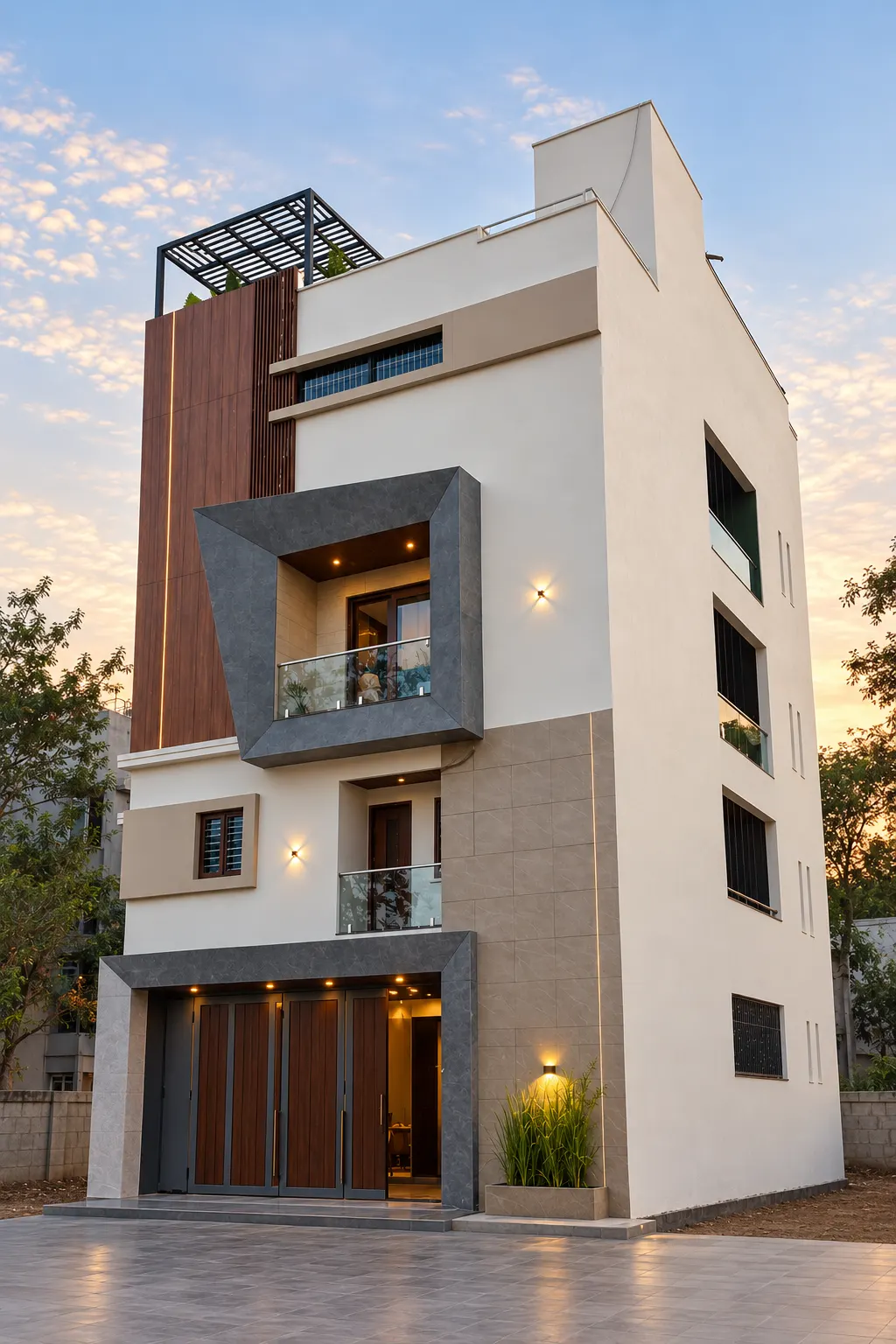 A finished three-storey home with timber cladding at dusk