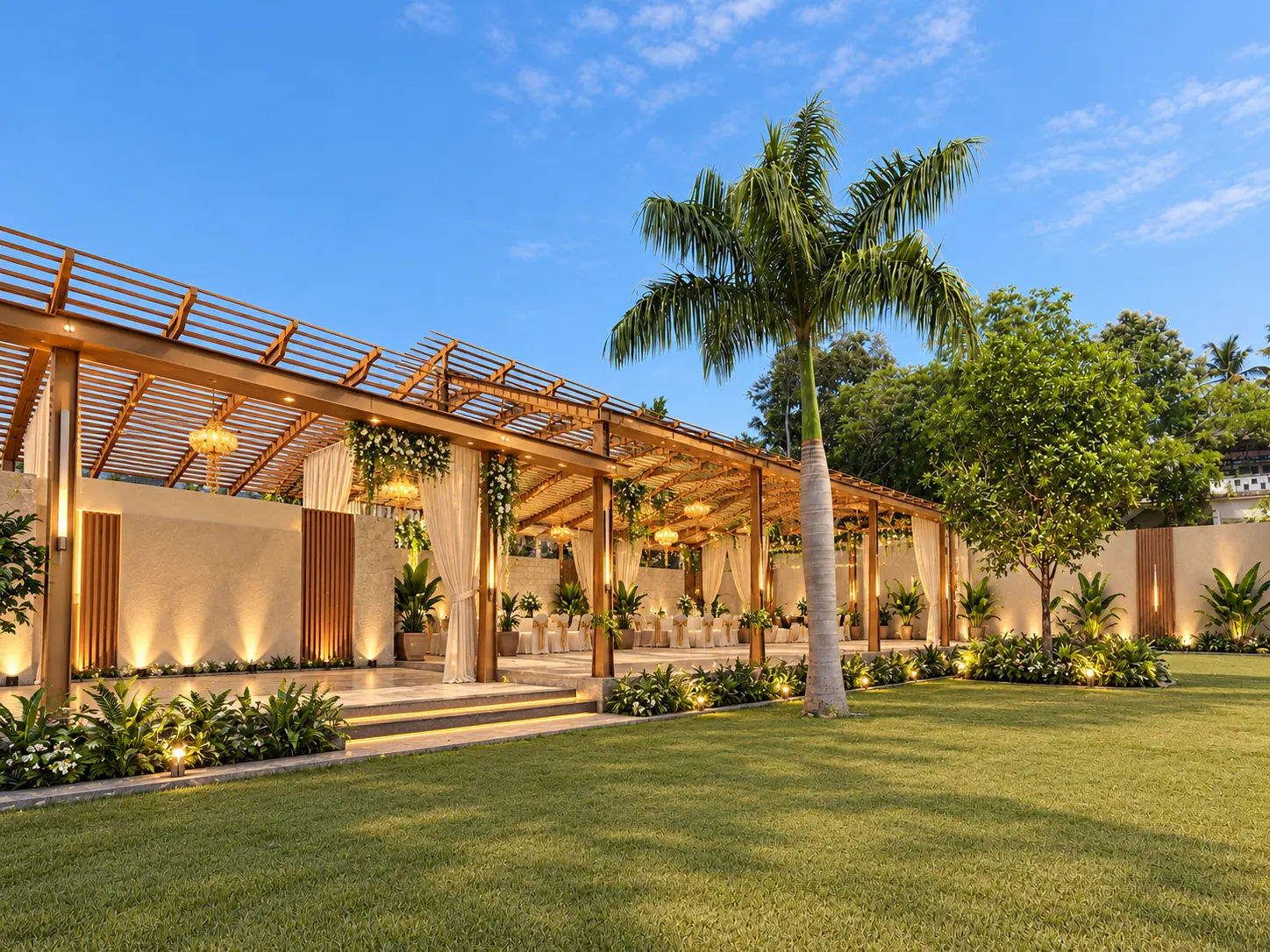 Commercial event venue with a timber pergola and landscaped lawn